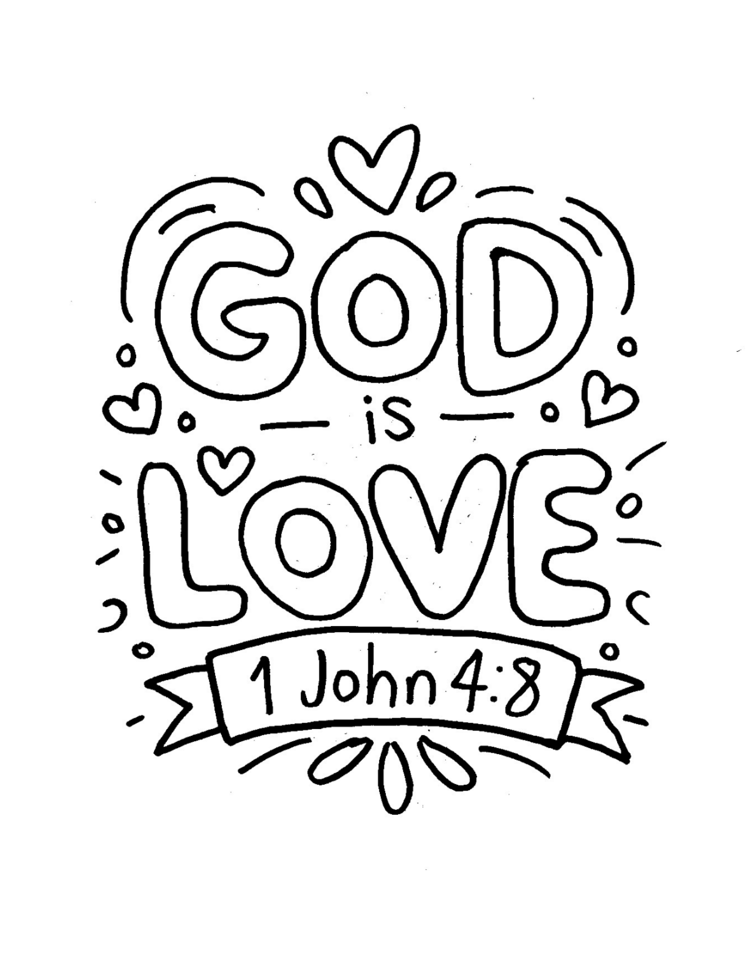 A colouring page with the words 'God Is Love'.